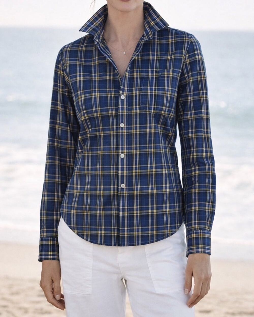 Frank & Eileen Barry Tailored Button Up Shirt — S Blue Plaid Italian Cotton